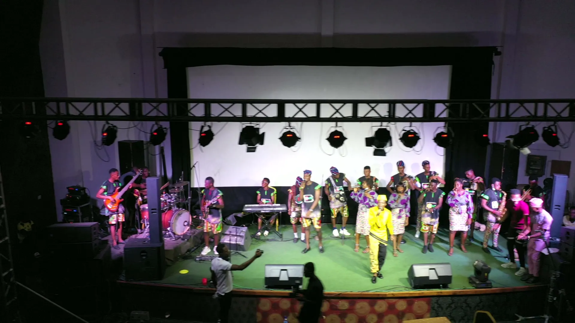 The full stage, band and ensemble, from above